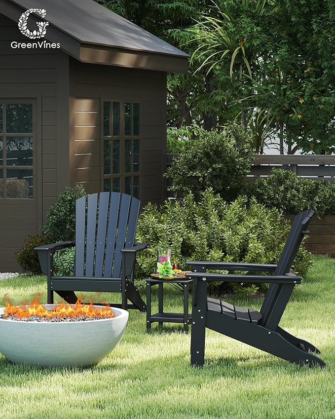 GREENVINES Adirondack Chairs Set of 2 | HDPE Plastic | Oversized Fire Pit Chair | All Weather | Black | Poly Lumber | for Outdoor Deck Backyard Patio Garden