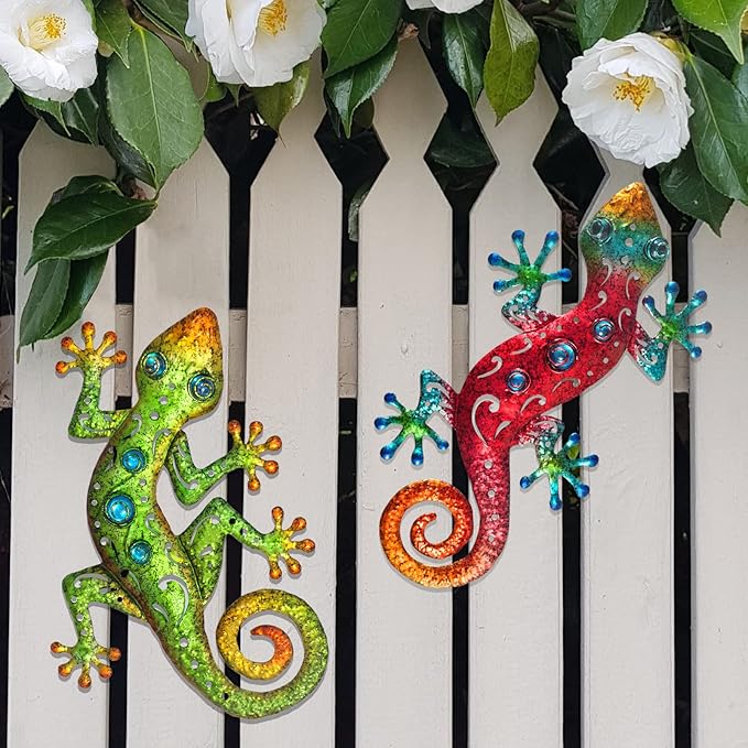 Metal Gecko Wall Art Metal Lizard Outdoor Wall Decor Suitable for Yard Fence Patio Garden Decor Country Farmhouse Decor Set of 2