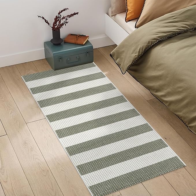 Boho Striped Front Door Mat Outside Entrance 2x4.3,Green and White Washable Porch Rug Runner,Cotton Hand Woven Indoor Outdoor Rugs,Foldable Farmhouse Layered Door Mats for Entryway
