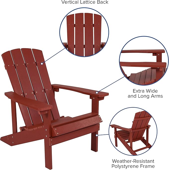 Flash Furniture Charlestown Poly Resin Adirondack Chair - Red - All Weather - Indoor/Outdoor - Set of 2
