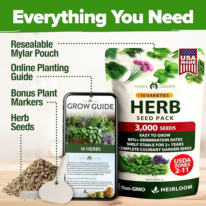 HOME GROWN 10 Herb Seeds for Planting 3,000+ Non-GMO Heirloom Seeds | Extra Large Variety Pack Herb Kit – Indoor Outdoor & Hydroponic | Culinary Seed Set | Grow Your Own Herbs | Gift for Beginners