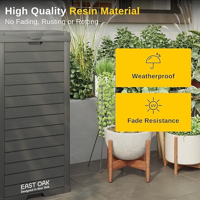 East Oak 38 Gallon Outdoor Trash Can | Waterproof Resin Garbage Can Featuring Tiered Lid & Drip Tray | Outside Trash Bin for Kitchen, Patio | Backyard & Deck | Gray Color