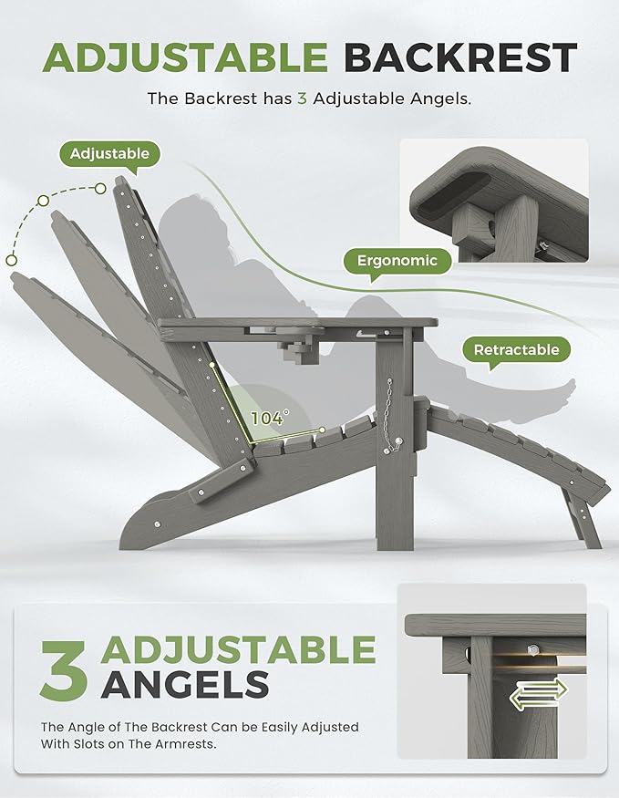 Ciokea Folding Adirondack Chair Set of 6 with Retractable Ottoman Fire Pit Patio Chair with Pull Out Foot Rest Weather Resistant Lawn Outdoor Chair with 2 Cup Holder (Grey)