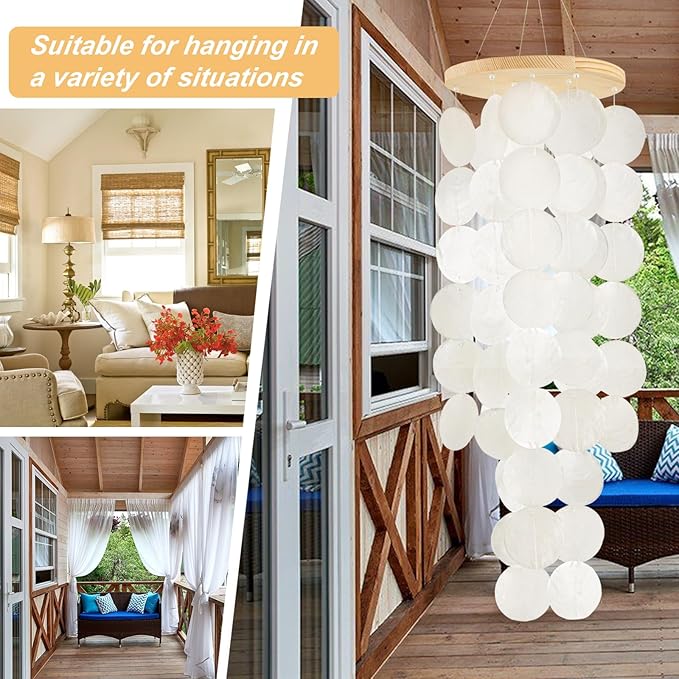 Wind Chimes for Outside - Handcrafted White Capiz Shells Windchime Coastal Style Decor for Indoor/Outdoors, Garden Decor, Great for Women, Wind Chimes Lovers and More