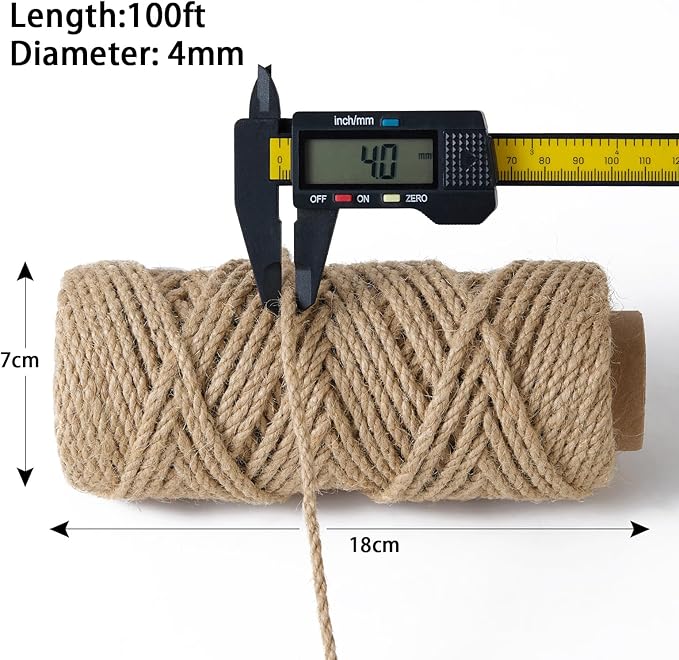 Natural Jute Twine 4mm 100 Feet Crafting Twine String for Crafts Gift, Craft Projects, Wrapping, Bundling, Packing, Gardening and More, Jute Rope to Use Around The House and Garden