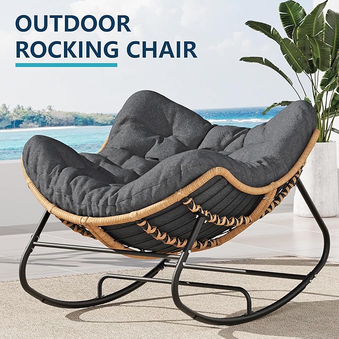 Outdoor Rocking Chair, Oversized Papasan Chair, Indoor Comfy Lounge Rocker with Cushion for Patio, Living Room, Porch, Balcony-Dark Grey