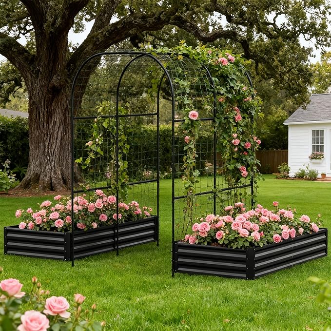 SUNYRISY Galvanized Raised Garden Bed with 87" H Arch Trellis for Climbing Plants Outdoor, Large Metal Planter Box with Netting for Gardening Flowers Vegetables Fruit, Black