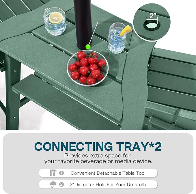 Tall Adirondack Chairs Set of 4, HDPE Balcony Chair with Double Connecting Tray, Weather Resistant Outdoor Adirondack Bar Stools for Patio, Deck, Patio, Backyard, Balcony. (Dark Green)