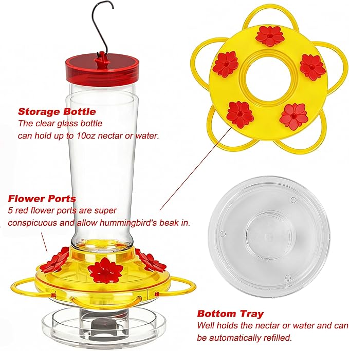 Joliyoou Hummingbird Feeder, 10 Once Glass Hummingbird Feeder Outdoor Hanging, Bird Nectar Feeder