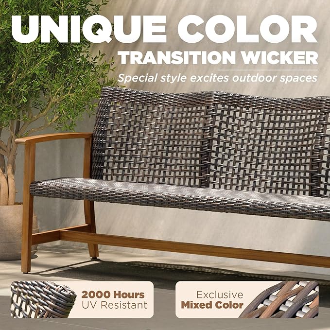 Idzo Trinite 1000lbs Capacity Acacia Outdoor Sofa, FSC Certified 3 Seater Patio Couch with Upgraded 2000Hours UV Resistant Wicker, Teak Finish Furniture Set