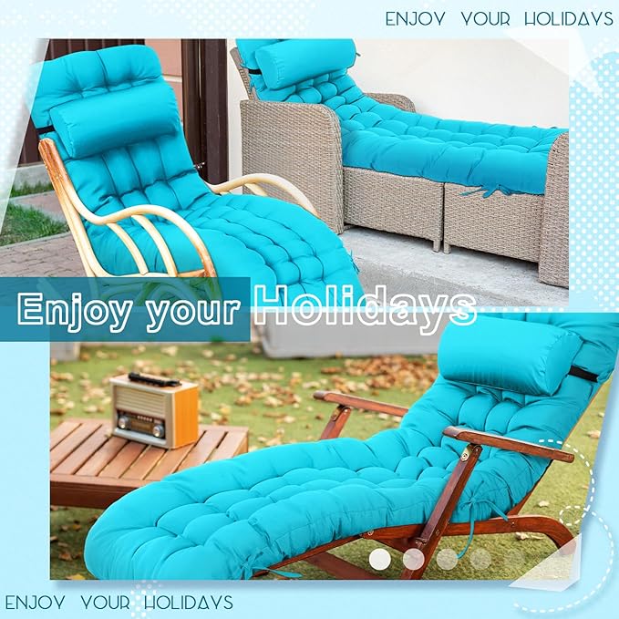 Tudomro 1 Pcs Peacock Blue 66'' Outdoor Chaise Lounge Cushion Waterproof Patio Lawn Pool Chaise Lounge Cushion with Headrest Pillow & Ties Weather Fade Resistant Replacement Longue Chair Pad