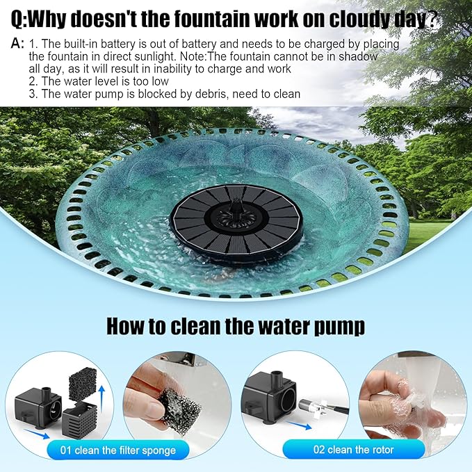SZMP Solar Fountain Work On Cloudy Day,Solar Water Bird Bath Fountain with Faster Conversion Glass Solar Panel and Power Indicator,Built-in 2000mAh Battery,Outdoor Garden Decor(Black Panel)