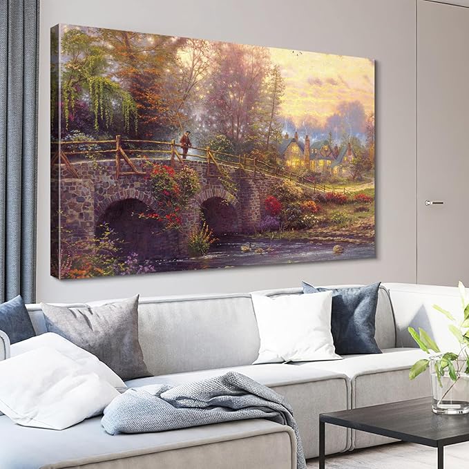 STUDIO HAVEN Thomas Kinkade Canvas Wall Art, Flower-Covered Bridge Glowing Cottages Figure and River Ducks Oil Painting Poster Rustic Wall Decor, Framed Prints for Home Decor, 36x24Inch