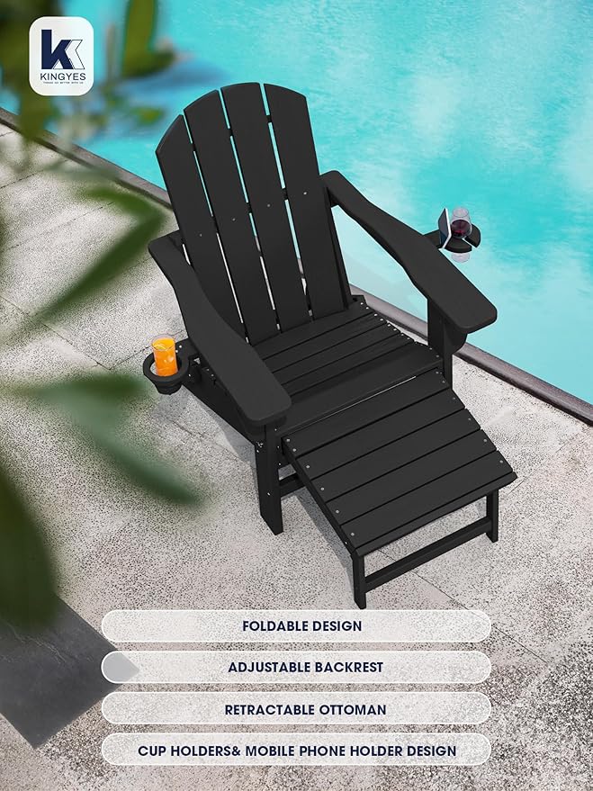 KINGYES Folding Adjustable Adirondack Chair with Retractable Ottoman, HDPE Recliner Adirondack Chair with Cup Holder, Black