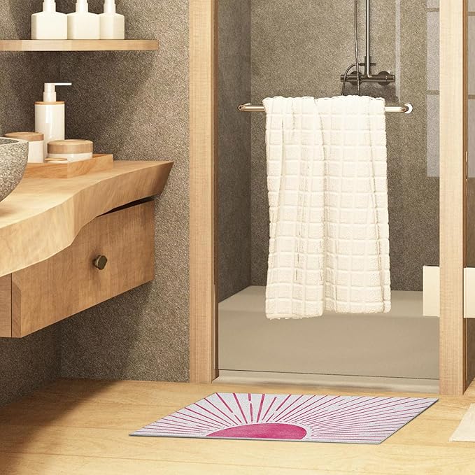 Nogrit Abstract Boho Sun Door Mat, Minimalist Pink Sunshine Sunray Doormat Bathmat for Indoor Outdoor Entrance, Mid Century Modern Boho Welcome Mats for Front Door Outside Porch Entryway, 17x30 Inches