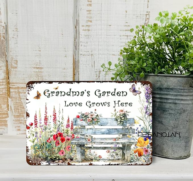 Funny Garden Metal Signs "Grandma's Garden Love Grows Here" Yard, Backyard, Patio Rustic Gardening Decor, 8 x 12 Inch