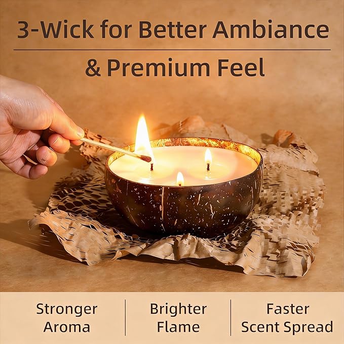 Viyffo Fresh Linen Scented Candle, Large 18oz 3 Wick Non Toxic Soy Candles, Natural Coconut Shell Candles for Home, Clean & Fresh Aromatherapy for Relaxation & Spring Décor, Gift for Women & Men
