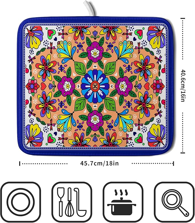 Mexican Talavera Dish Drying Mat Navy Blue Microfiber Dish Drain Pad for Kitchen Decor