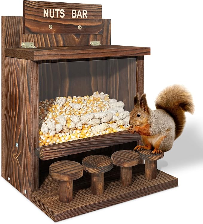 Carbonized Squirrel Feeder, Large Squirrel Feeders for Outside Funny Squrrill Nuts Bar, Durable Wooden Chipmunk House Box for Corn Peanuts