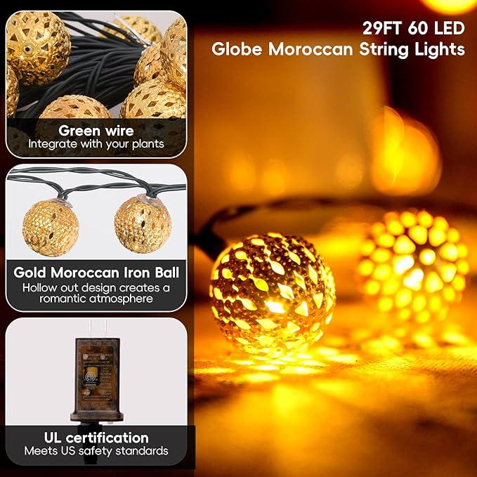 Moroccan String Lights Plug-in 60 LED 29ft Indoor Outdoor Waterproof 8 Modes Diwali Lights with Timer & Remote Control, Decorative Globe for Bedroom Christmas, Warm White