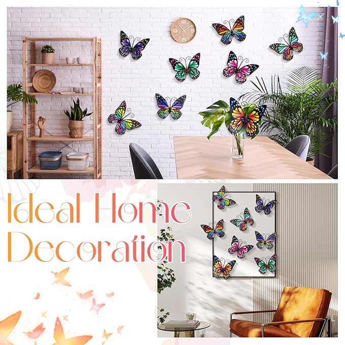 Jetec 8 Pcs Metal Butterfly Wall Decor 6.5 Inch Outdoor Butterflies Wall Art Sculpture 3D Butterfly Hanging Decoration for Spring Outside Fence Garden Yard Home Patio Balcony(Cute Style)