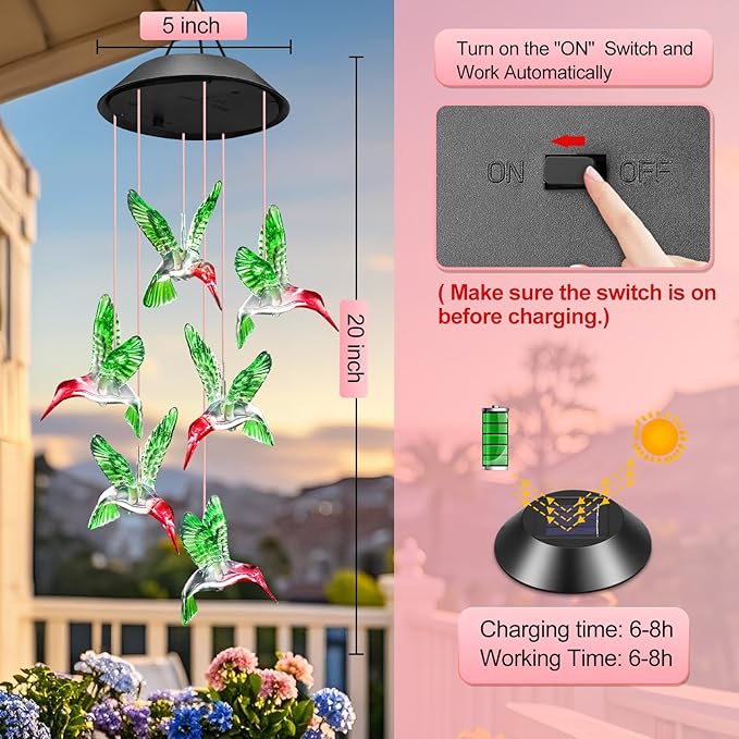 Valentines Day Gifts for Her Mom Grandma, Mother Birthday Gardening Hummingbird Gifts for Women, Winzwon Wind Chimes Solar Lights Outdoor Decor for Garden Patio Yard Porch