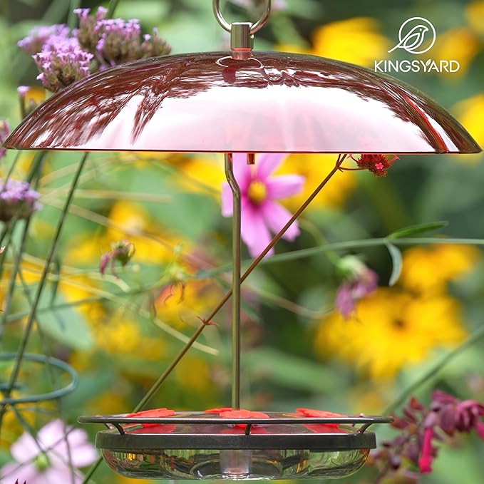 Kingsyard Weatherproof Hummingbird Feeder for Outdoors Hanging - Heavy Duty Metal lid with 6 bee Guard Feeding Ports & Circular Perch, Built-in Ant Moat, Easy to Refill & Clean (12oz/Black)