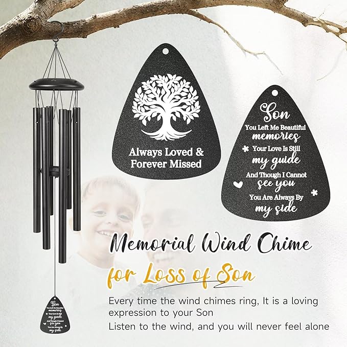Memorial Gifts for Loss of Son, 25''Memorial Wind Chimes for Loss of Son Gifts, Condolence/Remembrance/Bereavement Gift,Windchimes in Memory Sympathy Gift,Funeral Decor for Garden Outside,Black