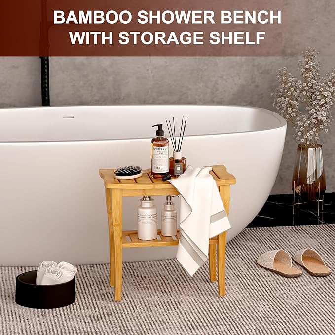 Bamboo Shower Bench Stool with Storage Shelf, Waterproof Shower Chair Spa Bath Seat, Shower Stool for Inside Shower, Bathroom Bench Seat for Adults Elderly Seniors for Indoor or Outdoor Use