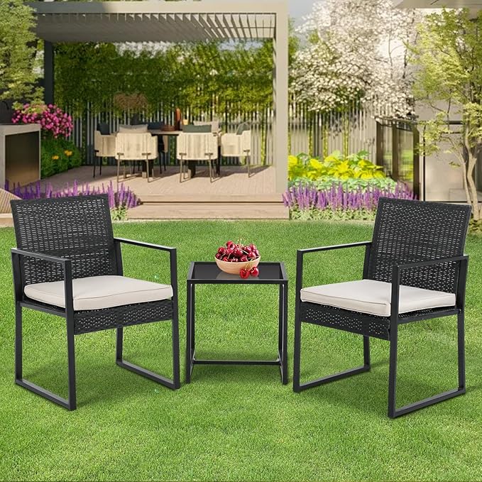 PayLessHere | 3-Piece Outdoor Patio Furniture Set | Khaki | Modern Rattan Bistro Set with Cushioned Chairs & Tempered Glass Coffee Table | Indoor & Outdoor Seating | for Balcony, Garden, Poolside