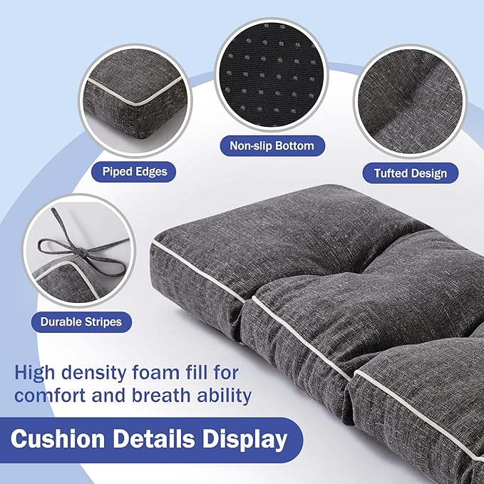 Bench Cushion, 42 x 16 Inch Patio Furniture Cushions with Durable Ties, Soft Memory Foam Bench Cushions for Indoor/Outdoor Furniture with Non-Slip Bottom, Kitchen&Dining, Dark Grey