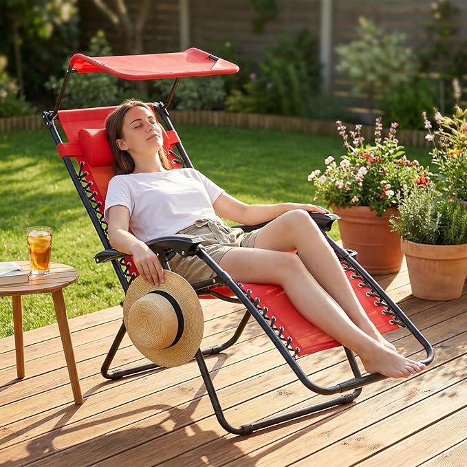 Magshion Zero Gravity Lounge Chair with Canopy, Outdoor Foldable Patio Reclining Chair with Side Tray, Adjustable Anti-Gravity Recliner with Pillow Headrest, Lounger for Lawn Camping Beach (Red)
