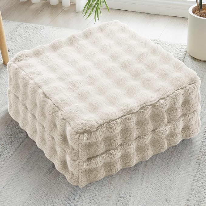 2 Pcs High Density Foam Floor Pillow - Upgraded Large Pillows Seating for Adults - Outdoor Floor Cushion with Soft Tufted Cover - Yoga Pillows for Sitting On Floor - 22 Inch Almond White