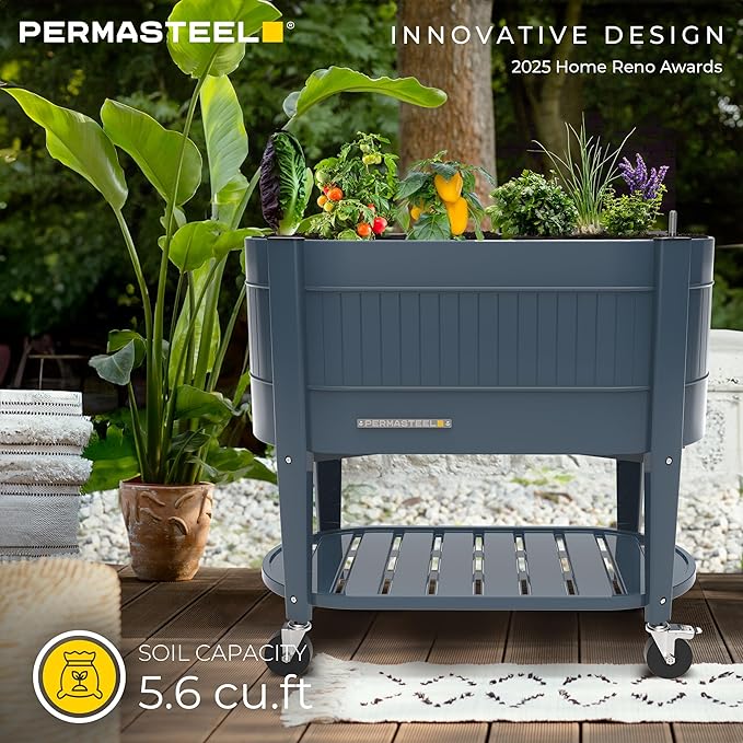 Permasteel Raised Garden Bed with Legs, Planter Box with EnGrow™ TrueSoil™ Technology for Vegetables, Flowers, Herbs, and Fruit, Outdoor Indoor, Storage Shelf, Caster Wheels, Blue