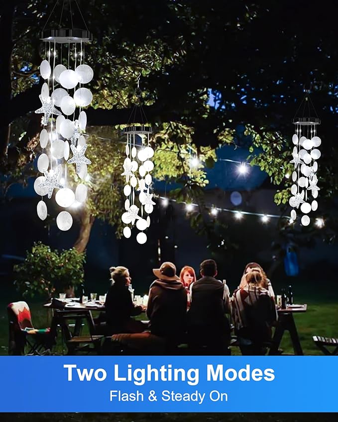 Solar Wind Chimes Decorative Lights for Outside, Shells Gifts for Mom Grandma Women Wife Girls, Hanging Solar Light for Holiday Garden Yard Window (White)