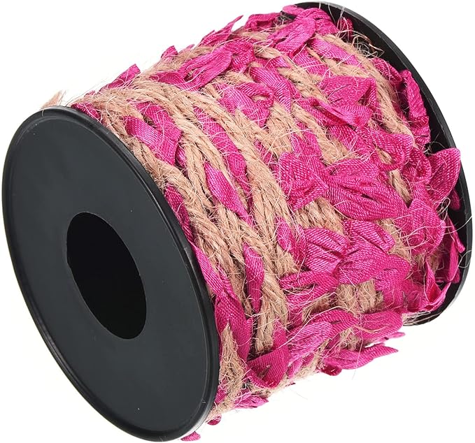 PATIKIL 33ft 5mm Burlap Leaf Ribbon, Braided Decoration Vine Natural Jute Rope Twine with Artificial Leaves for Jungle Wedding Party Home Garden Decor, Fuchsia