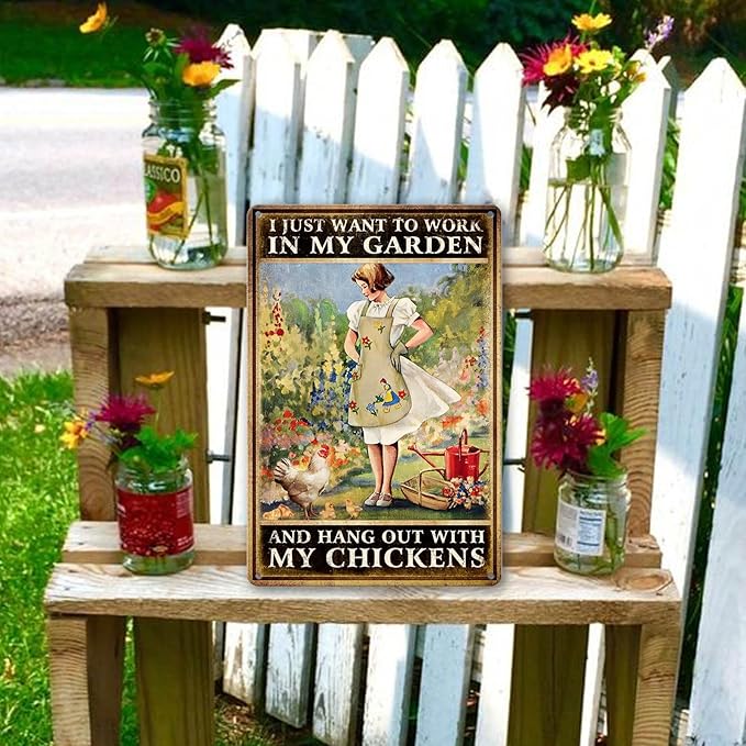 Chicken Signs For Coop Funny Garden Metal Tin Sign Vintage Chicken Sign Decor Farm Signs Outdoor Metal Gardening Girl Poster Tin Sign I Just Want To Work In My Garden And Hang Out With My Chickens