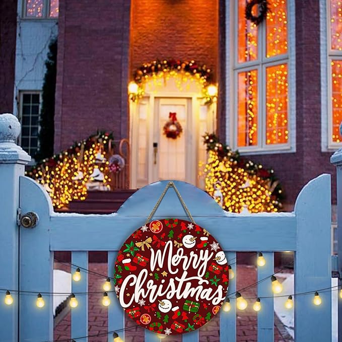 Merry Christmas Welcome Wooden Door Sign for Front Door Winter Christmas Door Hanger Xmas Holiday Hanging Wall Sign for Farmhouse Home Porch Outdoor Decorations