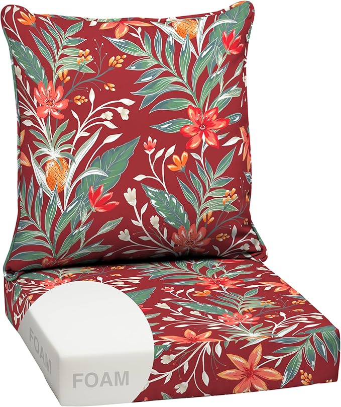 ARDEN earthFIBER Outdoor Foam Deep Seat Cushion Set, 24 in x 24 in, Weather-Proof, Rain-Proof, Fade Resistant Patio Cushion, Bottom and Back Cushion for Chair, Sofa, and Couch Luau Red Tropical Floral