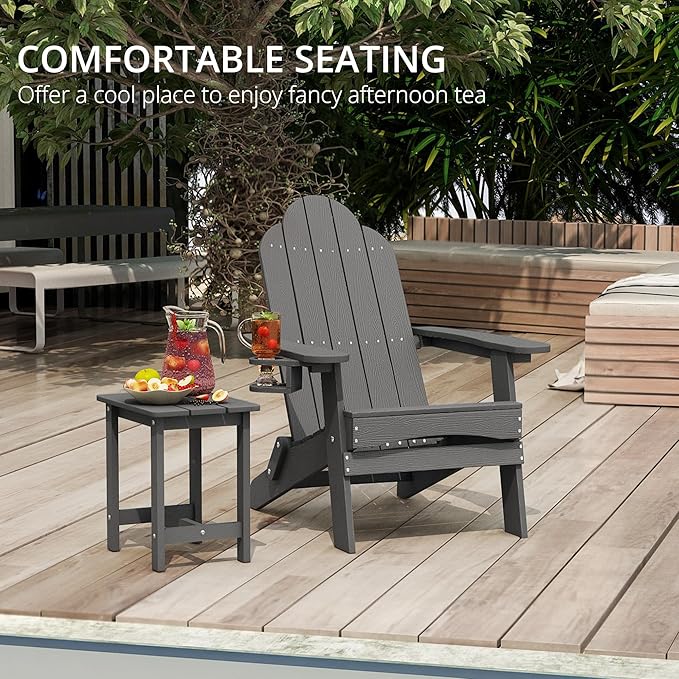 LUE BONA Folding Adirondack Chair Set of 4, Dark Gray HDPS Weather Resistant Outdoor Chair with Cup Holder for Patio Fire Pit Campground