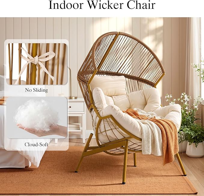 ONBRILL Egg Chair for Outdoor & Indoor, Patio Wicker Chair with Thick Cushion, Oversized Rattan Chairs for Balcony, Porch & Backyard, 550 LBS Heavy Duty & Comfy Basket Chairs for Living Room, Bedroom