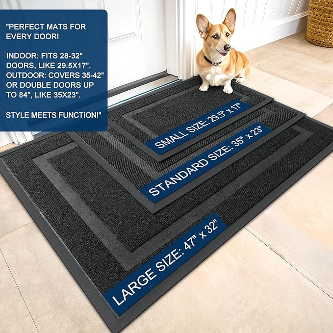 OLANLY Front Door Mat Indoor Outdoor Entrance, Waterproof All-Season, All-Weather Doormat, Sturdy Natural Rubber, Fade Resistant, Low Profile, Easy Clean Patio Porch Entryway Mat, 47x23, Black