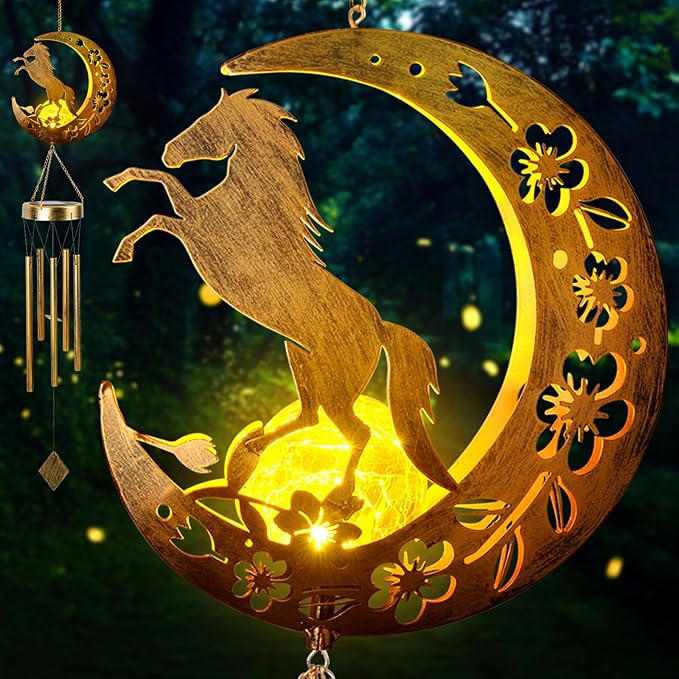 JOBOSI Moon Horse Wind Chime Decorative Gift, Solar Moon Horse Wind Chimes for Outside, Mother's Day Wind Chime, Gift for Women, Mom, Grandma, Outdoor Garden Lawn Yard Decor