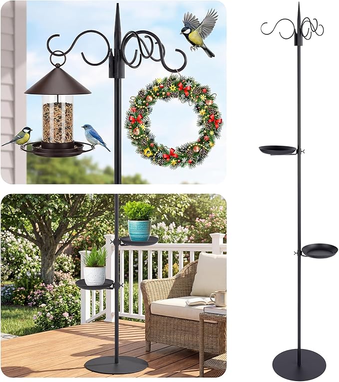 1 Set 75.9" Shepherd's Hook Stand for Bird Feeder, Hanging Plant, Wind Chime, Waterproof Metal & Adjustable Standing Pole Holder for Indoor Outdoor, with 2 Rack & Weight Bag (3 Hooks)