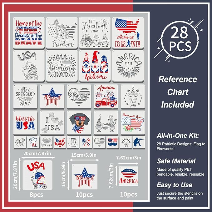 Patriotic Stencils for Painting, 28PCS Independence Day Templates Multi-Size Set (8x8, 6x6, 3x3) Clear PET Plastic with American Flag Patterns for Home Decor, Party Decorations and DIY Crafts