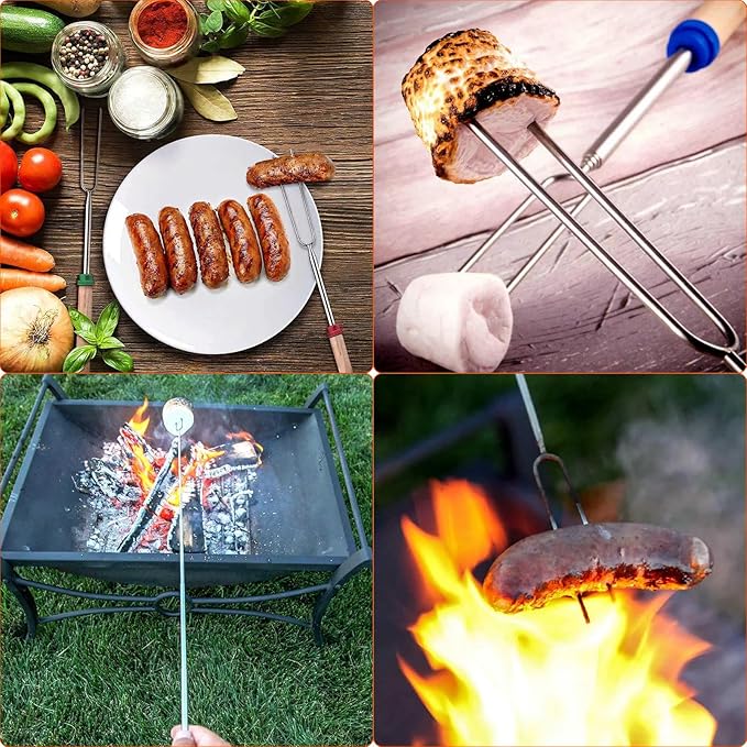 6 Pcs Marshmallow Roasting Sticks for Fire Pit, 32 in Extendable Smores Sticks for Fire Pit Party Bonfire Camping Accessories, Stainless Steel Barbecue Smores Skewers BBQ Skewers Forks Tools + Bag