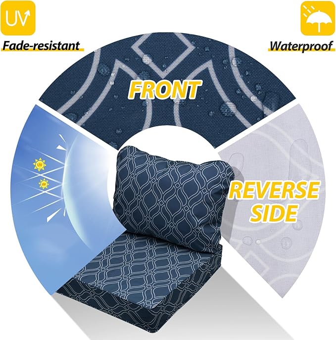 AAAAAcessories Outdoor Seat Cushions for Chairs, Fade-Resistant, Waterproof Patio Furniture Replacement Cushions, 19" x 19" x 3" + 19" x 17", Slate Blue Vine Trellis