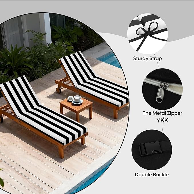 Only choice Outdoor Chaise Lounge Cushion Set of 2, 75" x 24" Lounge Chair Cushion Water-Resistant & Fade-Resistant for Lawn, Pool, Replacement Seat Cushion for Patio (Black/White Striped)