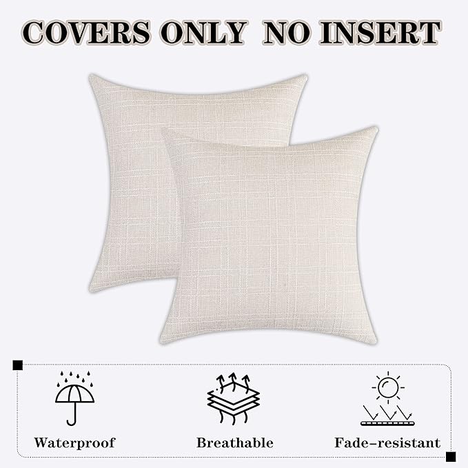 Kevin Textile Pack of 2 Decorative Outdoor Waterproof Checkered Pillow Covers Square Garden Cushion Sham Throw Pillowcase Shell for Patio Tent Couch 24x24 Inch Light Beige