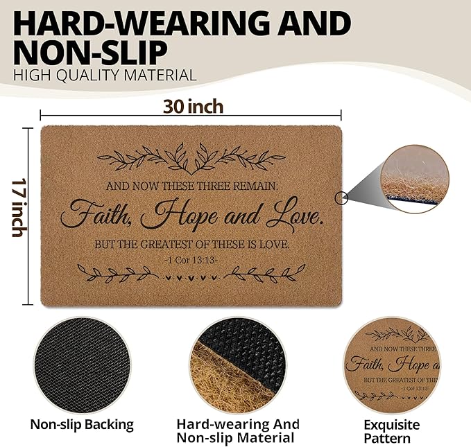 Faith Hope Love Christian Door Mat, Christian Doormat, Bible Verse Welcome Front Door Mat Indoor Outdoor Entrance, Rustic Artificial Coir Doormats Rugs for Porch Patio Entryway Decor 30x17in